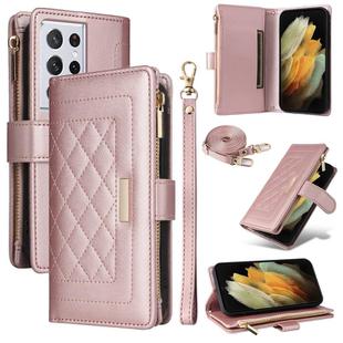 For Samsung Galaxy S21 Ultra 5G Crossbody Zipper Wallet Rhombus Leather Phone Case(Rose Gold)