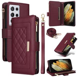 For Samsung Galaxy S21 Ultra 5G Crossbody Zipper Wallet Rhombus Leather Phone Case(Wine Red)