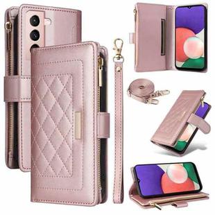 For Samsung Galaxy S21 5G Crossbody Zipper Wallet Rhombus Leather Phone Case(Rose Gold)