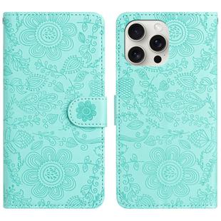 For iPhone 16 Pro Max Floral Embossed Pattern Leather Phone Case(Light Green)