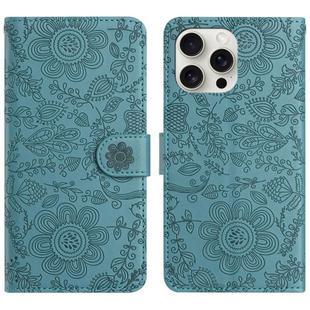 For iPhone 16 Pro Floral Embossed Pattern Leather Phone Case(Dark Green)