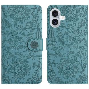 For iPhone 16 Floral Embossed Pattern Leather Phone Case(Dark Green)