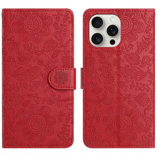 For iPhone 15 Pro Max Floral Embossed Pattern Leather Phone Case(Red)