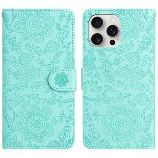 For iPhone 15 Pro Max Floral Embossed Pattern Leather Phone Case(Light Green)