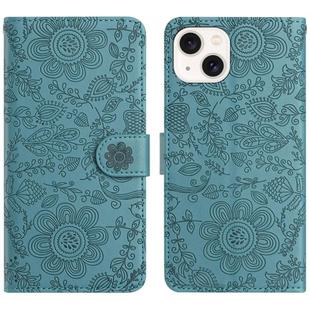 For iPhone 14 Plus Floral Embossed Pattern Leather Phone Case(Dark Green)