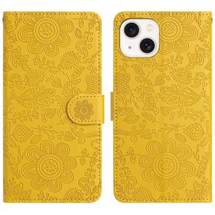 For iPhone 14 Plus Floral Embossed Pattern Leather Phone Case(Yellow)