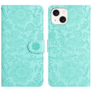 For iPhone 14 Plus Floral Embossed Pattern Leather Phone Case(Light Green)