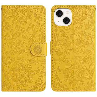 For iPhone 14 Floral Embossed Pattern Leather Phone Case(Yellow)