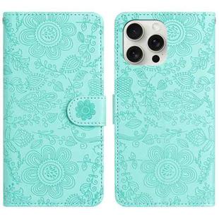 For iPhone 14 Pro Floral Embossed Pattern Leather Phone Case(Light Green)