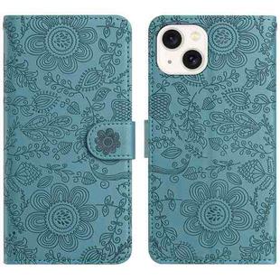 For iPhone 13 Floral Embossed Pattern Leather Phone Case(Dark Green)