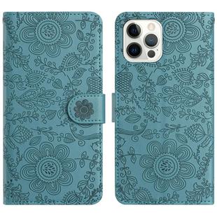 For iPhone 12 / 12 Pro Floral Embossed Pattern Leather Phone Case(Dark Green)