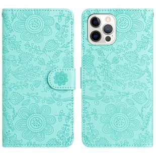 For iPhone 12 / 12 Pro Floral Embossed Pattern Leather Phone Case(Light Green)