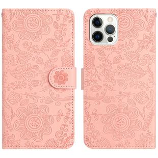 For iPhone 12 Pro Max Floral Embossed Pattern Leather Phone Case(Pink)