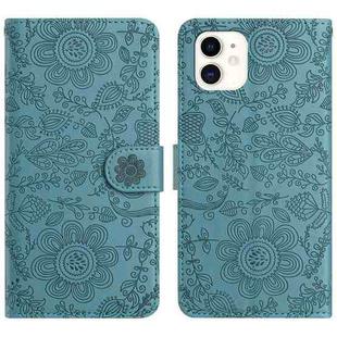For iPhone 11 Floral Embossed Pattern Leather Phone Case(Dark Green)