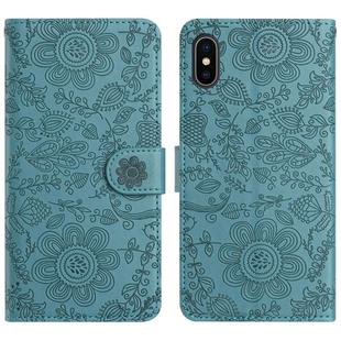 For iPhone X / XS Floral Embossed Pattern Leather Phone Case(Dark Green)