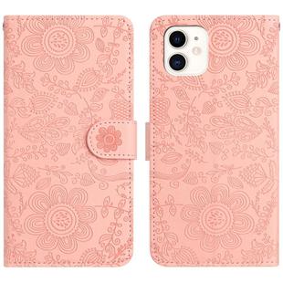 For iPhone 12 mini Floral Embossed Pattern Leather Phone Case(Pink)