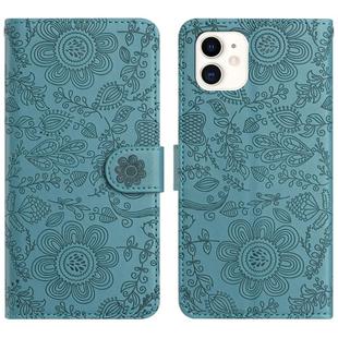 For iPhone 12 mini Floral Embossed Pattern Leather Phone Case(Dark Green)