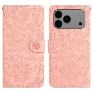 For iPhone 17 Pro Max Floral Embossed Pattern Leather Phone Case(Pink)