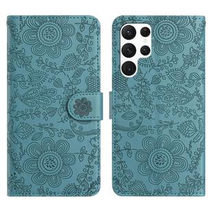 For Samsung Galaxy S22 Ultra 5G Floral Embossed Pattern Leather Phone Case(Dark Green)