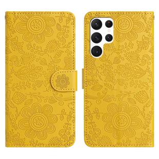 For Samsung Galaxy S22 Ultra 5G Floral Embossed Pattern Leather Phone Case(Yellow)