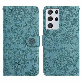 For Samsung Galaxy S21 Ultra 5G Floral Embossed Pattern Leather Phone Case(Dark Green)