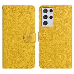 For Samsung Galaxy S21 Ultra 5G Floral Embossed Pattern Leather Phone Case(Yellow)