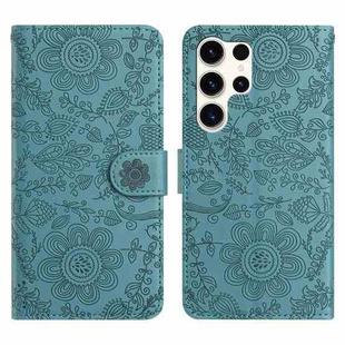 For Samsung Galaxy S25 Ultra 5G Floral Embossed Pattern Leather Phone Case(Dark Green)