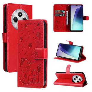 For Redmi 14C 4G Global Cat and Bee Embossed Flip Leather Phone Case(Red)