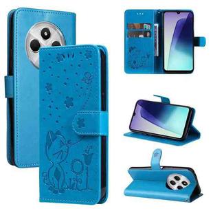 For Redmi 14C 4G Global Cat and Bee Embossed Flip Leather Phone Case(Blue)