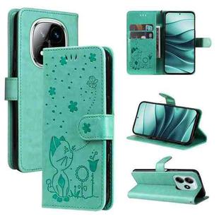 For Redmi Note 14 5G Cat and Bee Embossed Flip Leather Phone Case(Green)