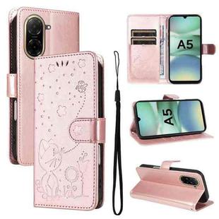 For Redmi A5 4G 173.3mm Cat and Bee Embossed Flip Leather Phone Case(Rose Gold)