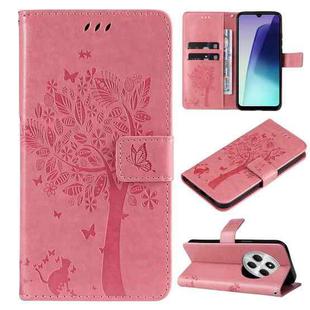 For Redmi 14C 4G Global Tree & Cat Embossed Pattern Flip Leather Phone Case(Pink)