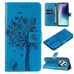 For Redmi 14C 4G Global Tree & Cat Embossed Pattern Flip Leather Phone Case(Blue)