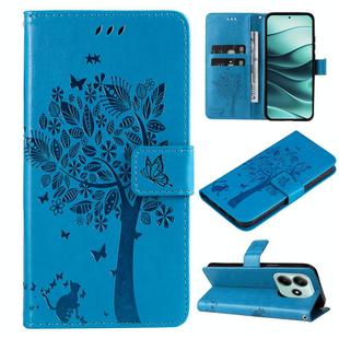 For Redmi Note 14 5G Tree & Cat Embossed Pattern Flip Leather Phone Case(Blue)