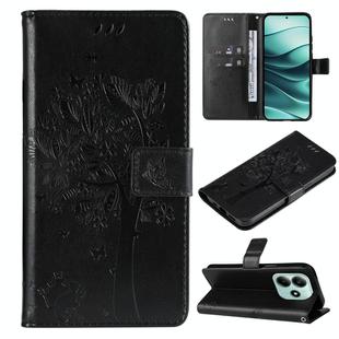 For Redmi Note 14 5G Tree & Cat Embossed Pattern Flip Leather Phone Case(Black)