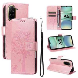 For Redmi A5 4G 173.3mm Tree & Cat Embossed Pattern Flip Leather Phone Case(Rose Gold)