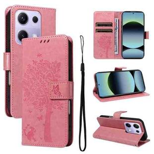 For Redmi Note 14S 4G / Note 13 Pro 4G Tree & Cat Embossed Pattern Flip Leather Phone Case(Pink)