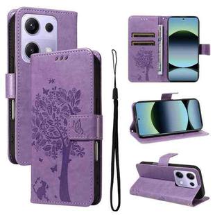 For Redmi Note 14S 4G / Note 13 Pro 4G Tree & Cat Embossed Pattern Flip Leather Phone Case(Light Purple)