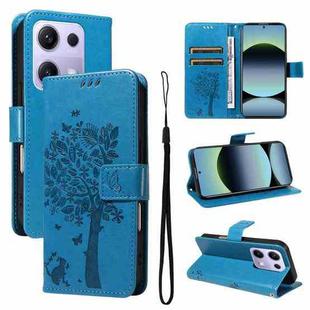 For Redmi Note 14S 4G / Note 13 Pro 4G Tree & Cat Embossed Pattern Flip Leather Phone Case(Blue)