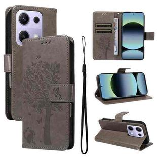 For Redmi Note 14S 4G / Note 13 Pro 4G Tree & Cat Embossed Pattern Flip Leather Phone Case(Grey)
