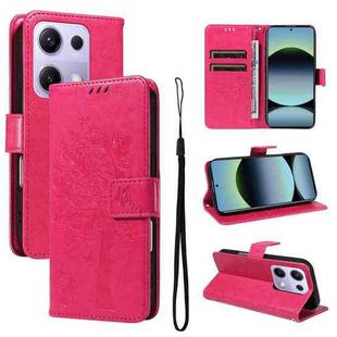 For Redmi Note 14S 4G / Note 13 Pro 4G Tree & Cat Embossed Pattern Flip Leather Phone Case(Rose Red)