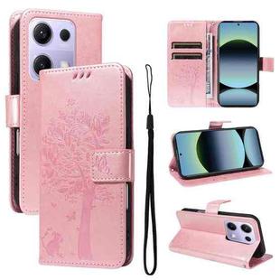 For Redmi Note 14S 4G / Note 13 Pro 4G Tree & Cat Embossed Pattern Flip Leather Phone Case(Rose Gold)
