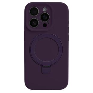 For iPhone 15 Pro Precision Hole Liquid Silicone MagSafe Metal Ring Holder Phone Case(Dark Purple)