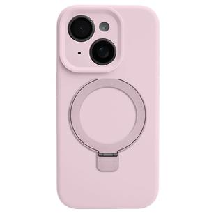 For iPhone 15 Precision Hole Liquid Silicone MagSafe Metal Ring Holder Phone Case(Pink)