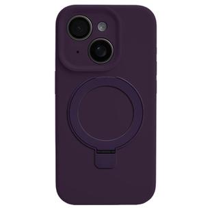 For iPhone 15 Precision Hole Liquid Silicone MagSafe Metal Ring Holder Phone Case(Dark Purple)