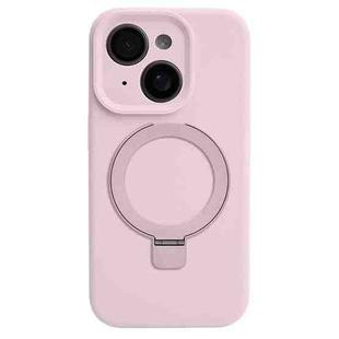 For iPhone 14 Precision Hole Liquid Silicone MagSafe Metal Ring Holder Phone Case(Pink)