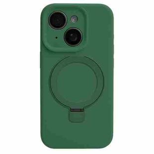 For iPhone 14 Precision Hole Liquid Silicone MagSafe Metal Ring Holder Phone Case(Green)