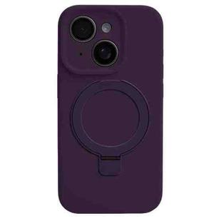 For iPhone 14 Precision Hole Liquid Silicone MagSafe Metal Ring Holder Phone Case(Dark Purple)