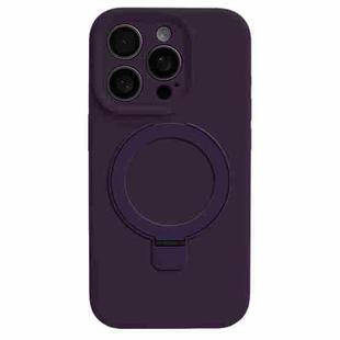 For iPhone 16 Pro Precision Hole Liquid Silicone MagSafe Metal Ring Holder Phone Case(Dark Purple)