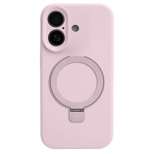 For iPhone 16 Precision Hole Liquid Silicone MagSafe Metal Ring Holder Phone Case(Pink)